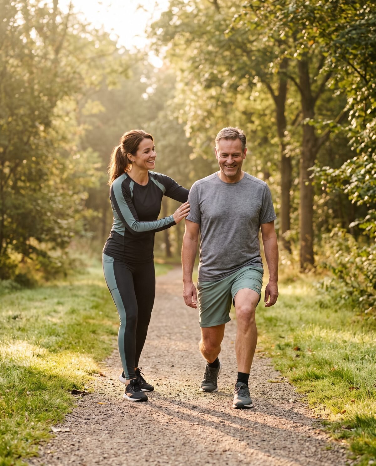 Personal trainer begeleidt een man bij een oefening op een bospad