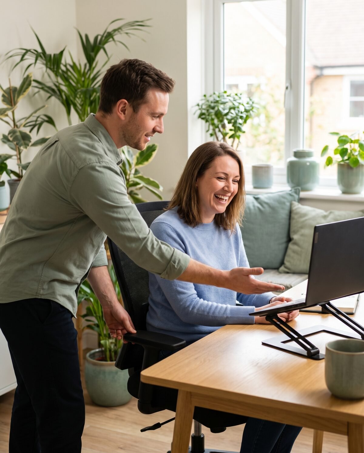 Bedrijfsoefentherapeut geeft advies over de werkplek aan een lachende medewerker Bedrijfsoefentherapeut geeft advies over de werkplek aan een lachende medewerker