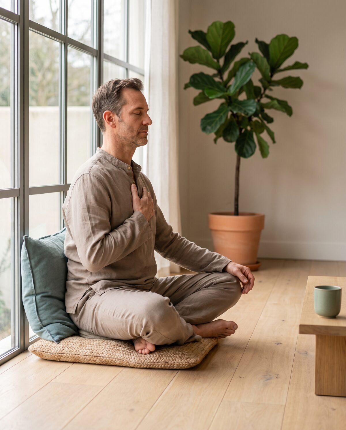 Man zit bij het raam met gesloten ogen en een hand op de borst tijdens een focusoefening Man zit bij het raam met gesloten ogen en een hand op de borst tijdens een focusoefening