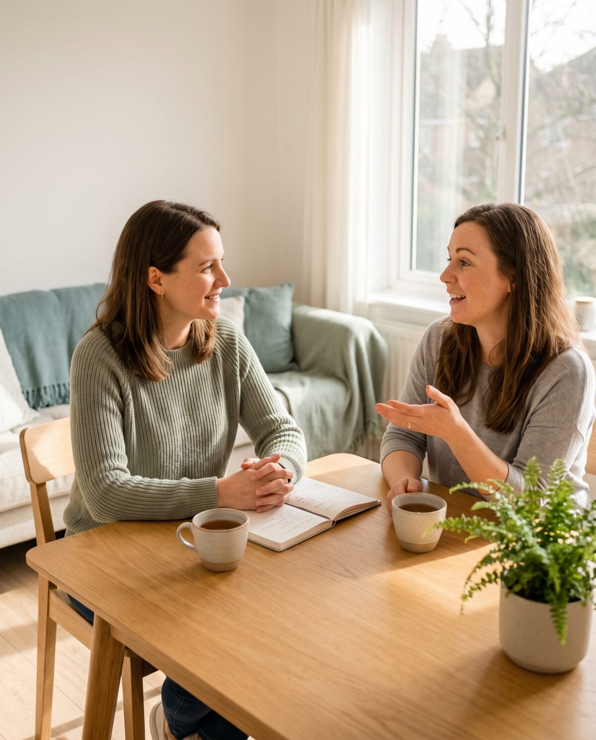 Vitaliteitscoach in gesprek met een cliënt aan tafel met thee Vitaliteitscoach in gesprek met een cliënt aan tafel met thee