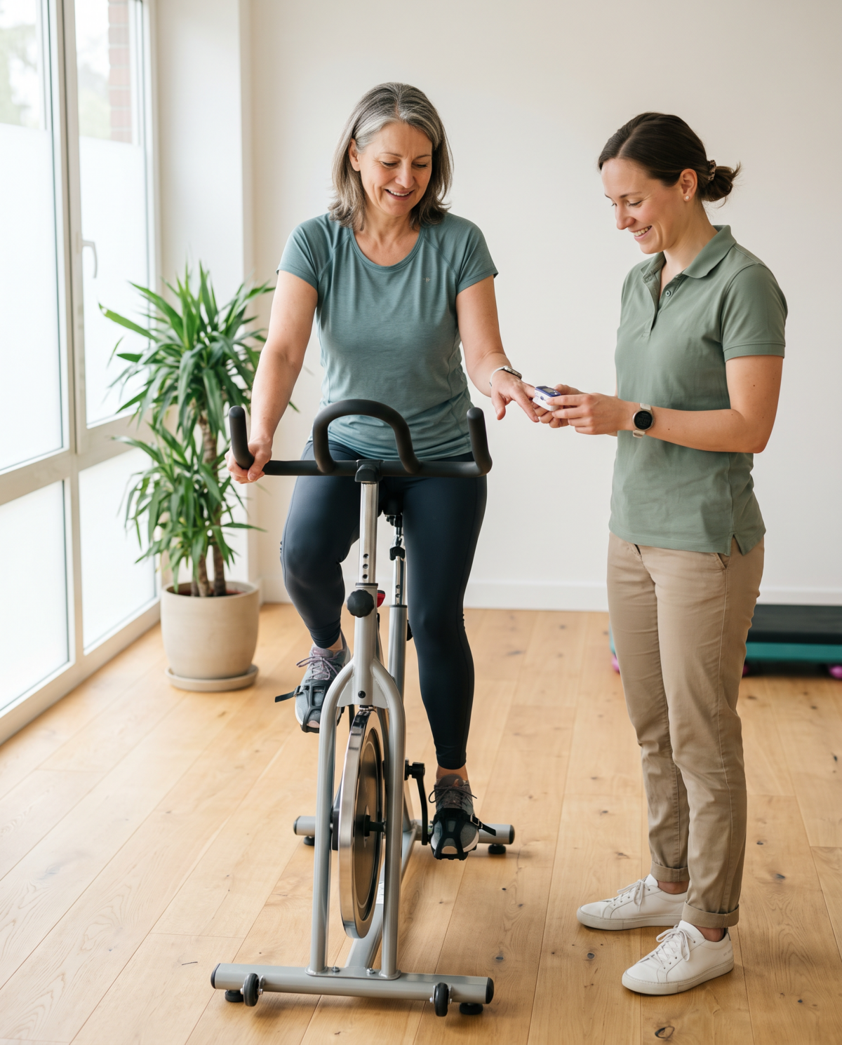 Vrouw fietst op een hometrainer terwijl de therapeut haar zuurstofwaarde meet Vrouw fietst op een hometrainer terwijl de therapeut haar zuurstofwaarde meet