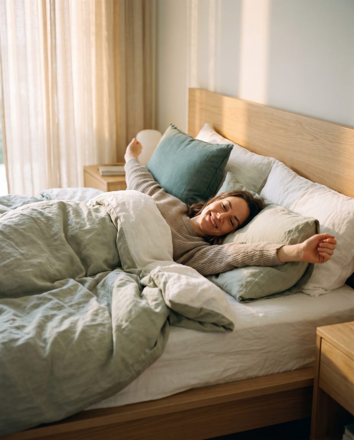 Uitgeruste vrouw rekt zich uit in bed in het ochtendlicht