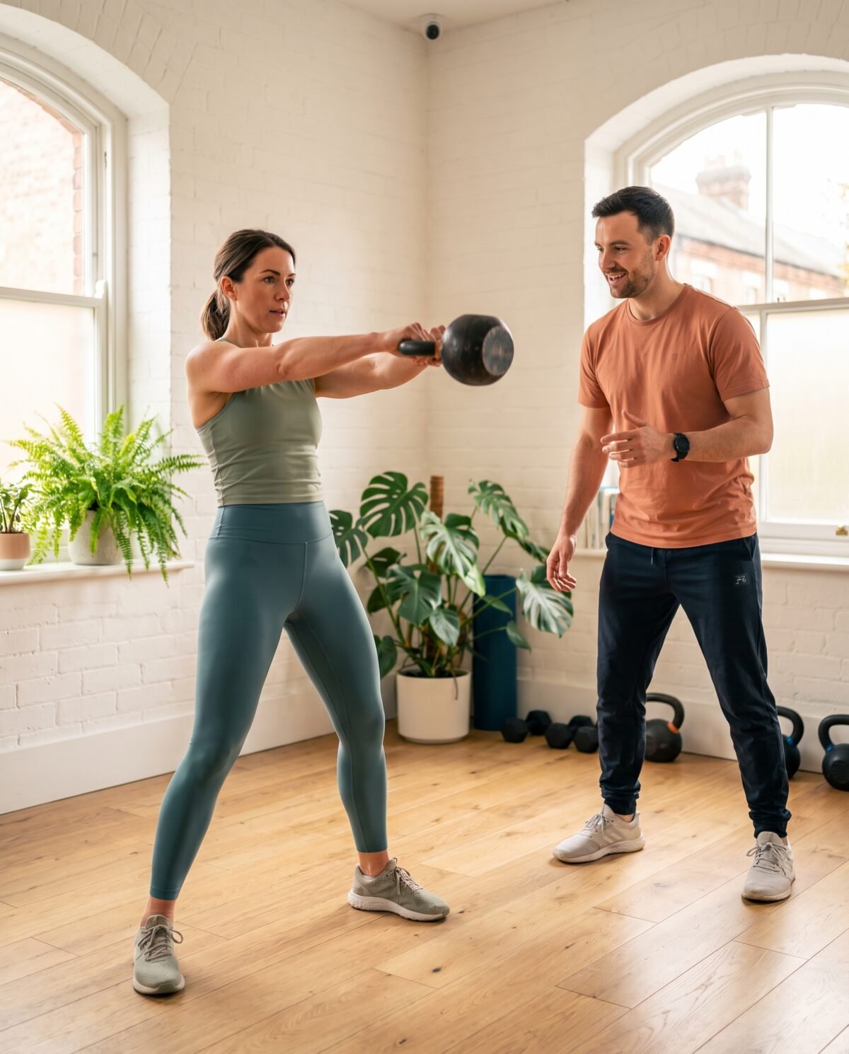 Vrouw doet een kettlebell swing onder begeleiding van een coach