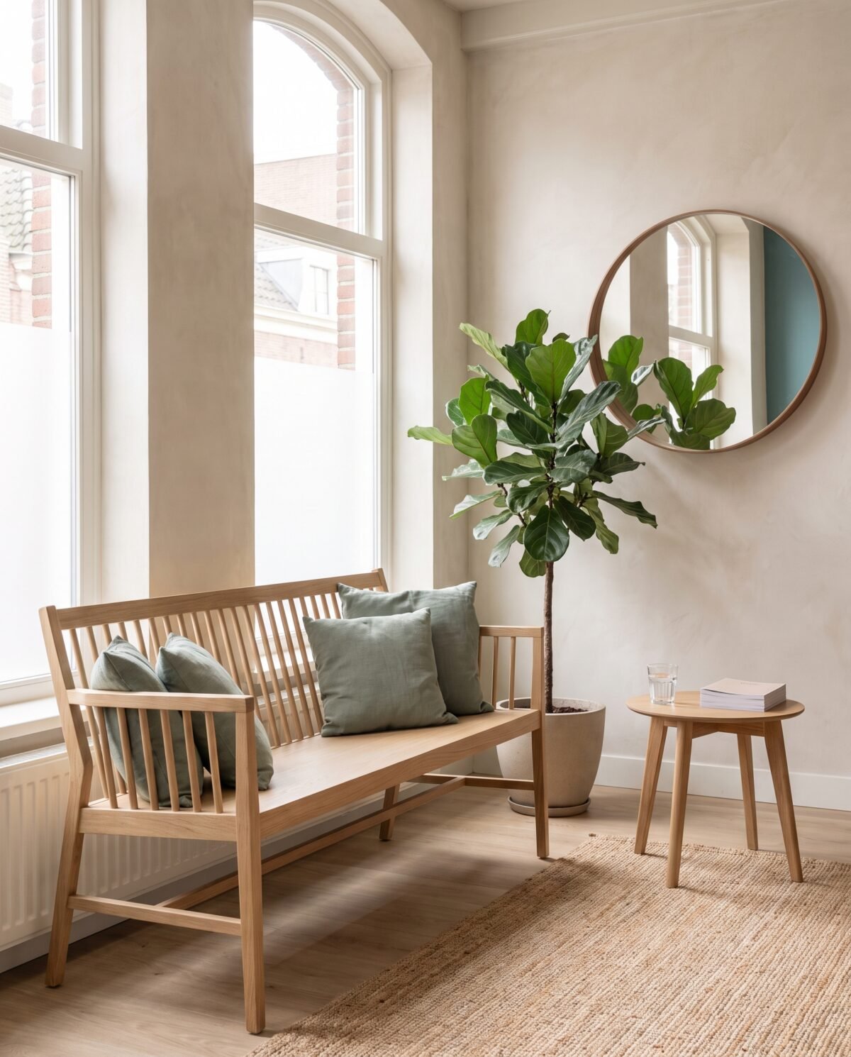 Lichte wachtruimte met houten bank, plant en ronde spiegel Lichte wachtruimte met houten bank, plant en ronde spiegel