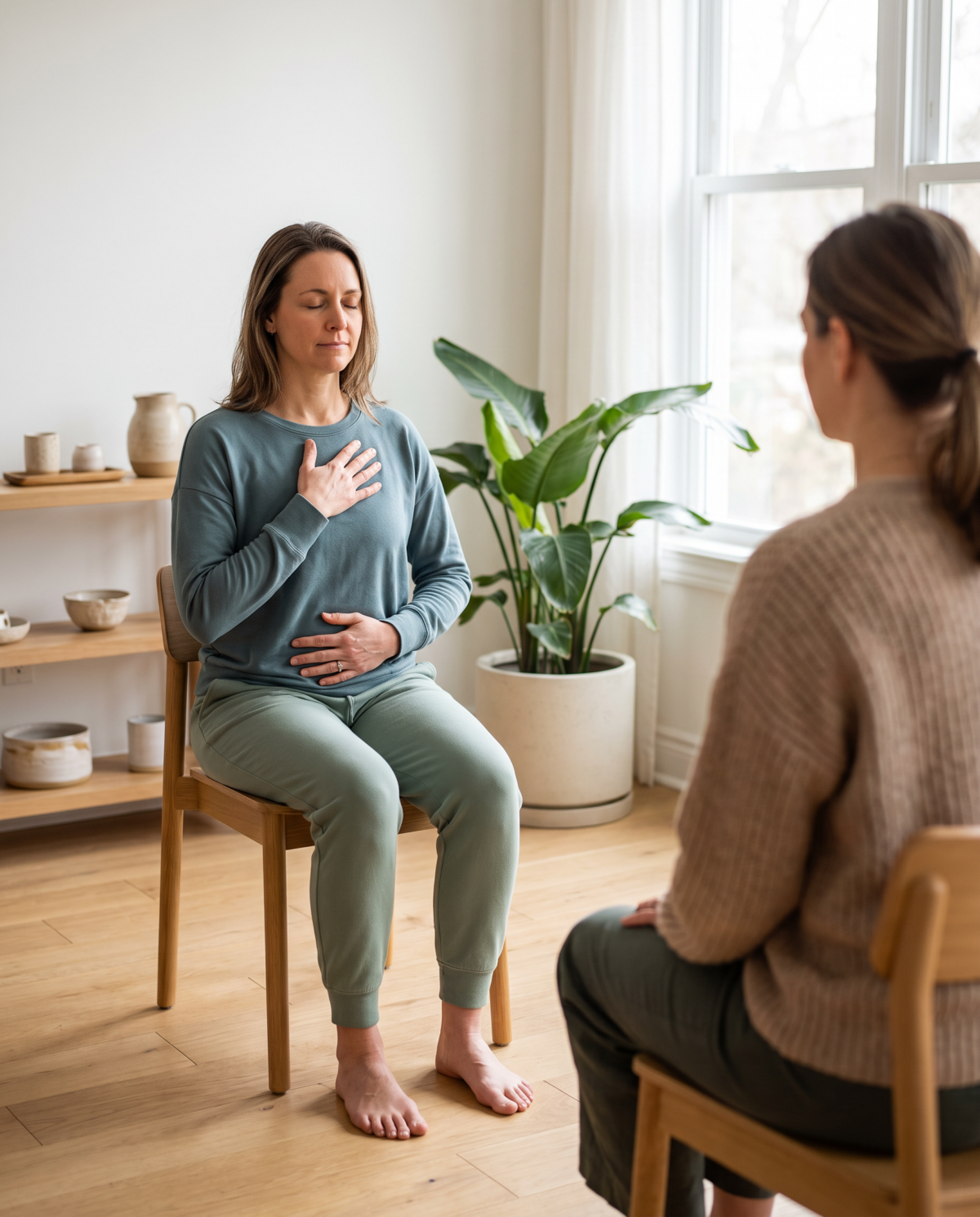 Vrouw doet een ademhalingsoefening met één hand op de borst en één op de buik Vrouw doet een ademhalingsoefening met één hand op de borst en één op de buik