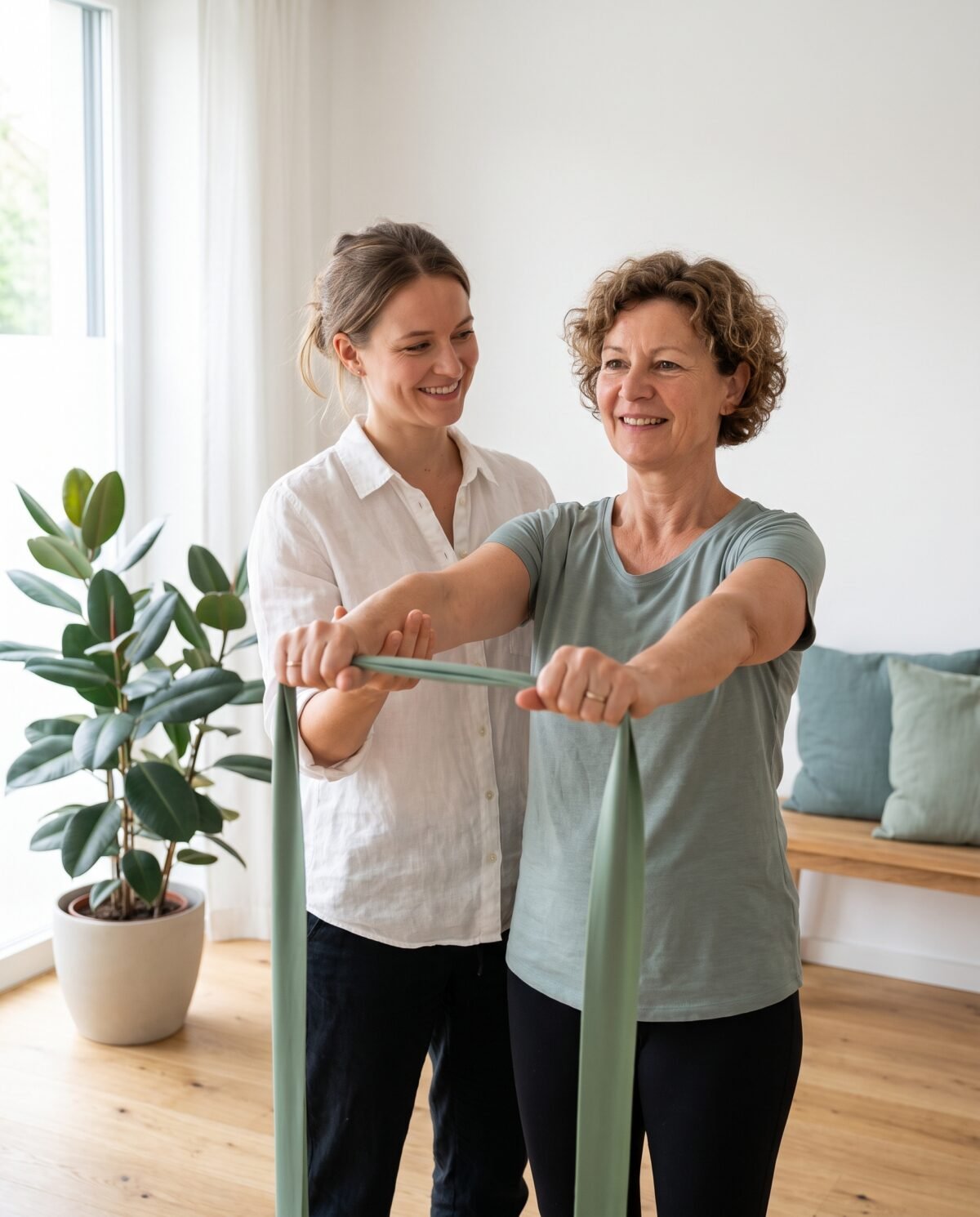 Oefentherapeut begeleidt een vrouw bij een houdingsoefening met een elastische band Oefentherapeut begeleidt een vrouw bij een houdingsoefening met een elastische band