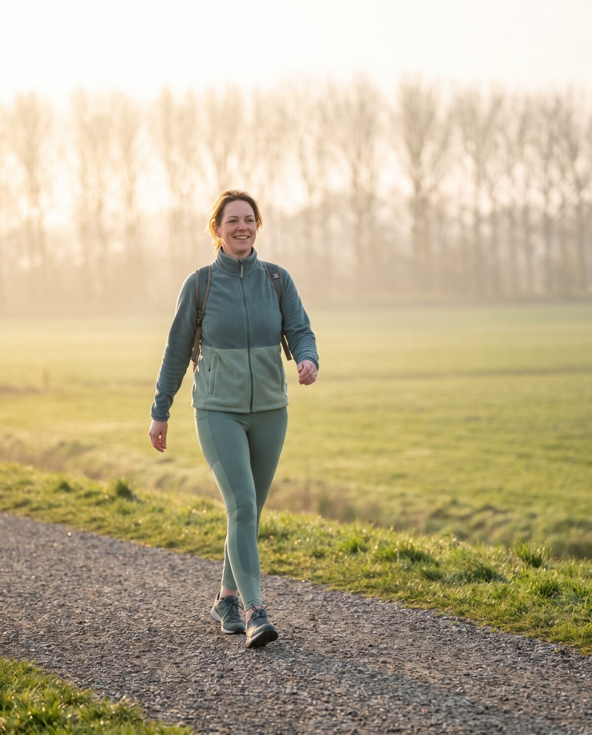 Vrouw wandelt vroeg in de ochtend over een dijk in de West-Friese polder Vrouw wandelt vroeg in de ochtend over een dijk in de West-Friese polder