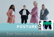 Vier vrouwen in pakken staan rechtop, met de tekst Posture, een bewuste houding en het POH-logo