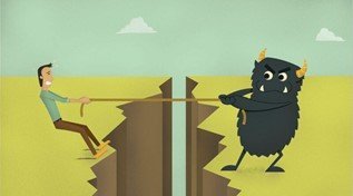 Getekende man trekt aan een touw tegen een zwart monster, met een diepe kloof tussen hen in