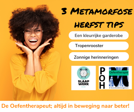 Lachende vrouw in geel shirt naast drie metamorfose herfsttips: een kleurrijke garderobe, tropenrooster en zonnige herinneringen